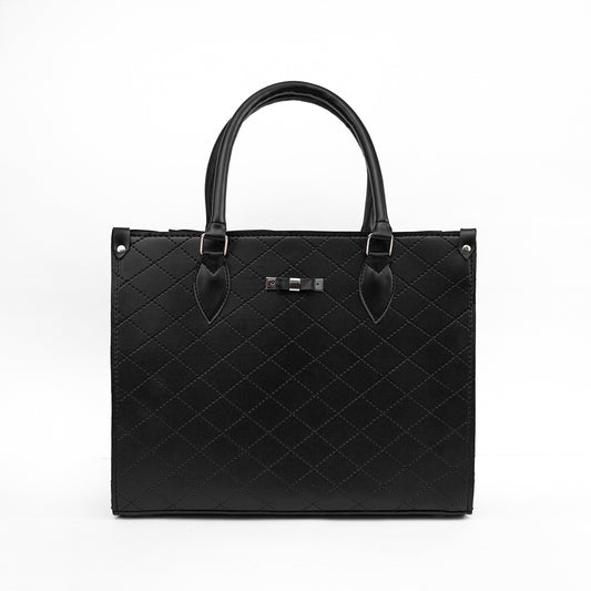 1.	Black diamond pattern ladies handbag with golden hardware front view