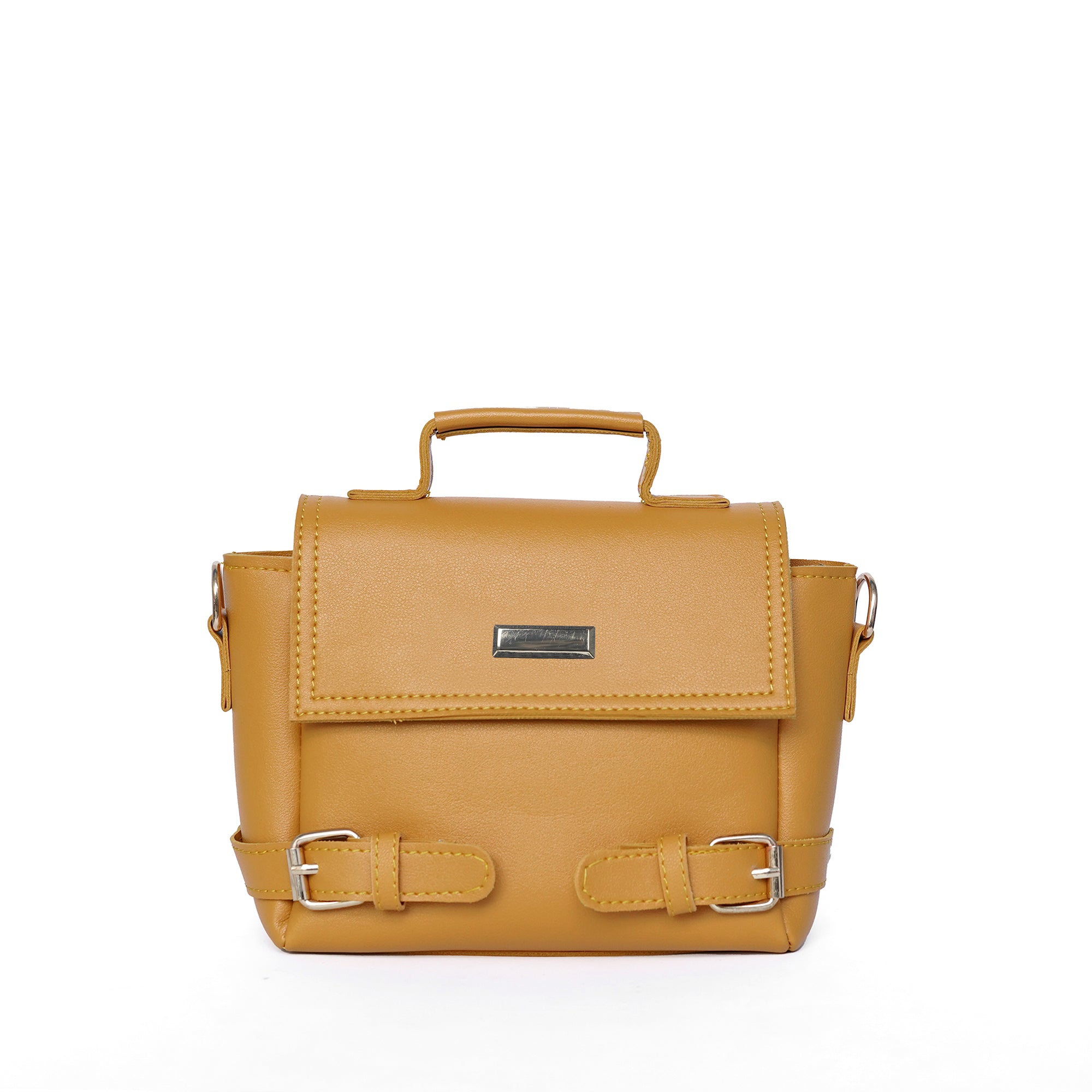 Yellow leather bag with metal buckles on a white background